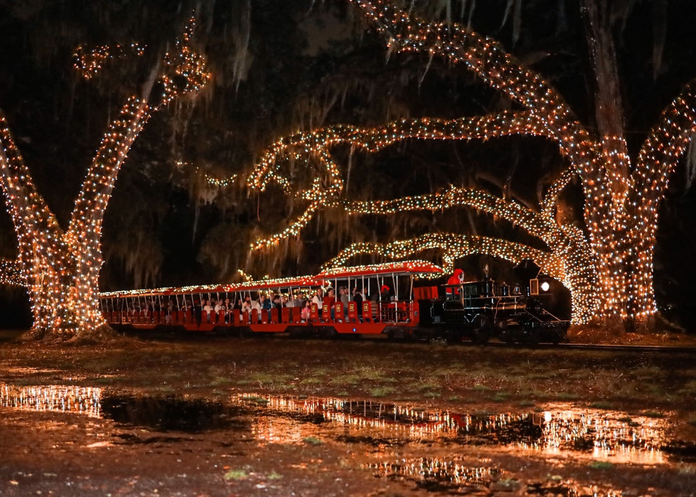 A train with lights around it
